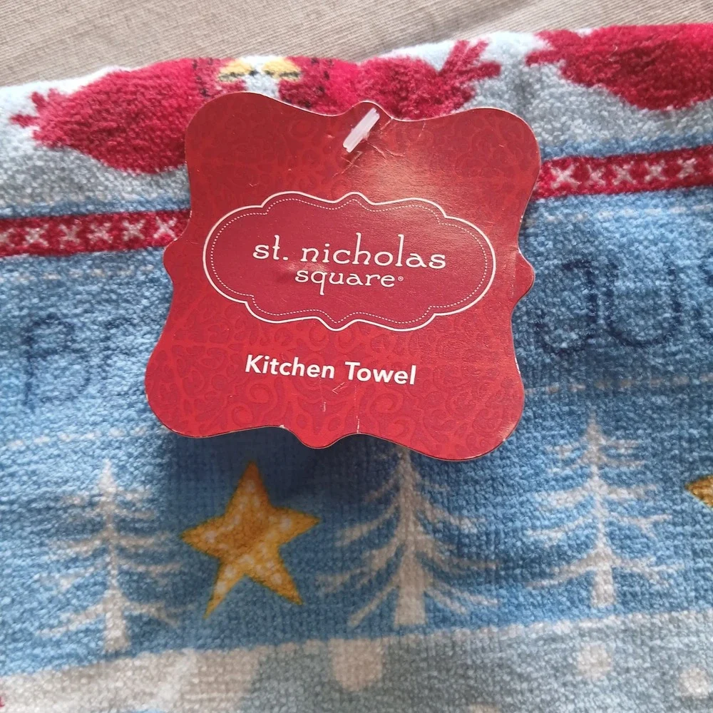 St Nicholas Square Christmas Kitchen Towel Snowman Cardinal Just Believe Blue